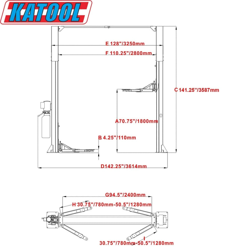 Katool KT-M110 Two Post Clear-floor Vehicle Lift 11,000lbs Measurement