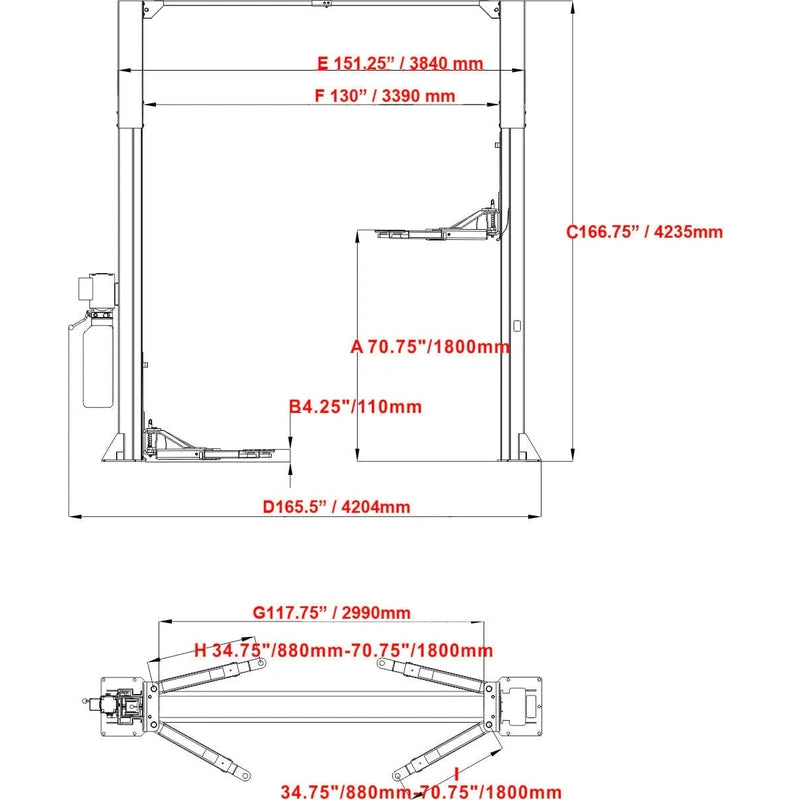 Katool KT-M120 Two Post Clear-floor Vehicle Lift 12,000lbs Measurements