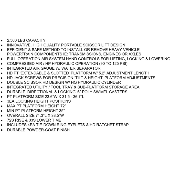 iDEAL Lift Table, Power Train / Air Hydraulic, 2500 lb. Cap.