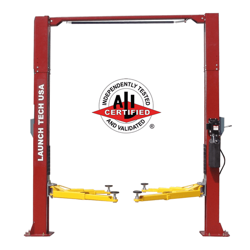 Launch Tech USA 11,000 lb Clear Floor - Asymmetric - ALI Certified in red color with ALI certified badge