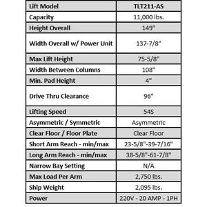 Launch Tech USA 11,000 lb Clear Floor - Asymmetric - ALI Certified specifications