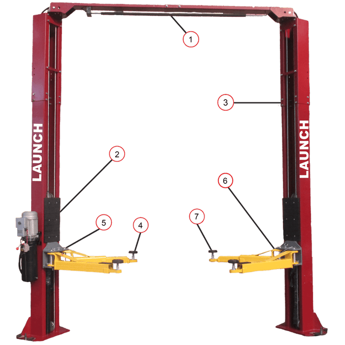 Launch Tech USA 9,000 lb Two Post Clear Floor - Asymmetric - RED features