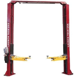 Launch Tech USA 9,000 lb Two Post Clear Floor - Asymmetric - RED in front view