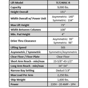 Launch Tech USA 9,000 lb Two Post Clear Floor - Asymmetric - RED specifications