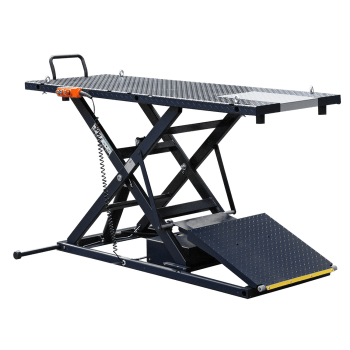 iDEAL Elec-Hydra Motorcycle Lift Bench w/Integrated Motor & Retractable Ramp