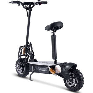 MotoTec 2000w 48v Electric Scooter in black, featuring a seat, off-road tires, a foldable frame, and suspension springs on a white background.