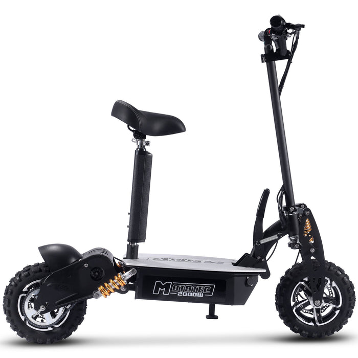 Black MotoTec 2000w 48v Electric Scooter featuring a seat, 2000W motor, and rugged tires with "MotoTec 2000W" written on the side of the platform.