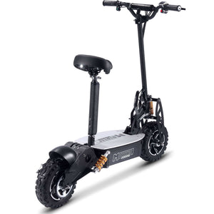 The MotoTec 2000w 48v Electric Scooter Black by MotoTec features thick off-road tires, a padded seat, suspension springs, and a powerful 2000W motor designed for rugged terrains. Its foldable frame ensures easy storage and portability.