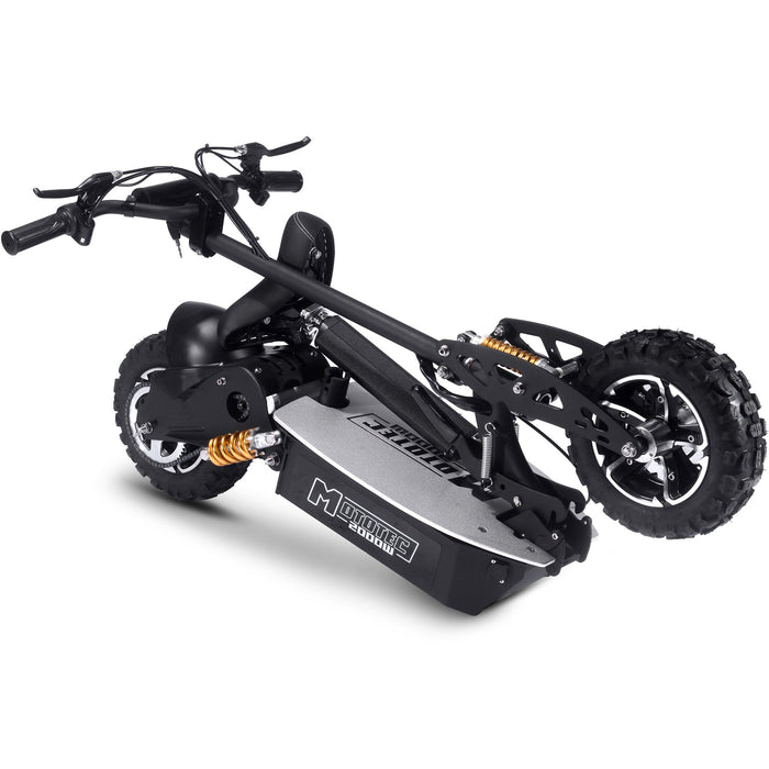 The MotoTec 2000w 48v Electric Scooter in black has rugged tires, dual suspension, a sturdy frame, and can be folded for transport.