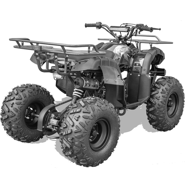 The MotoTec Bull 125cc 4-Stroke Kids Gas ATV, in black, features rugged tires and front and rear racks. Shown from a rear side angle, it delivers superior performance.