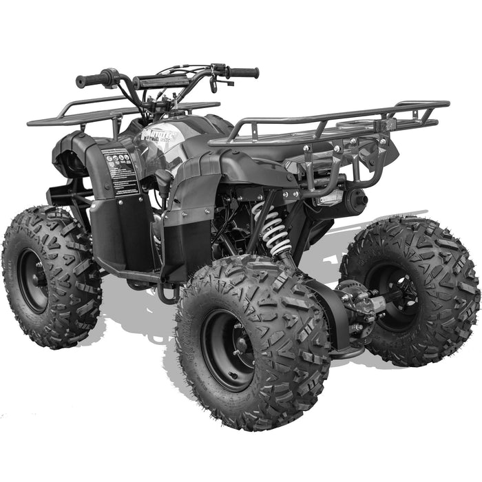 Monochrome image of a rugged MotoTec Bull 125cc 4-Stroke Kids Gas ATV with knobby tires, sturdy frame, and cargo racks on the front and back.