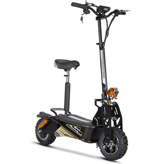 The MotoTec Ares 48v 1600w Electric Scooter by MotoTec boasts a robust 1600w motor, a padded seat, handlebars, and large off-road tires. It features a foldable design and a removable seat for easy transport.