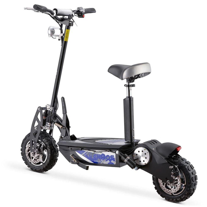 The MotoTec Chaos 2000w 60v Lithium Electric Scooter in Black boasts a robust 2000 watt motor, large tires, a padded seat, and a durable frame.