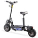 The MotoTec Chaos 2000w 60v Lithium Electric Scooter in Black boasts a robust 2000 watt motor, large tires, a padded seat, and a durable frame.