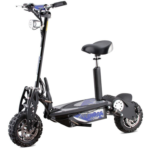 The MotoTec Chaos 2000w 60v Lithium Electric Scooter Black boasts a powerful 2000-watt motor, a sleek black frame with an included seat, robust off-road tires, and a front light, all driven by an efficient 60-volt lithium battery.