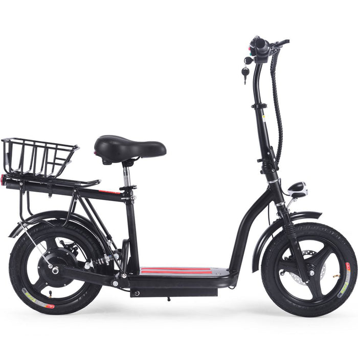 The MotoTec Cruiser 48v 350w Lithium Electric Scooter Black features a comfortable saddle, convenient rear storage basket, easy-to-use hand controls on the handlebars, and a powerful lithium battery.