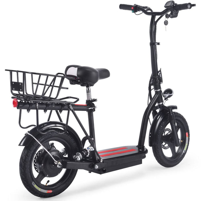 The MotoTec Cruiser 48v 350w Lithium Electric Scooter Black by MotoTec is a black electric scooter featuring a cushioned seat, rear basket, wide tires, and a powerful lithium battery.