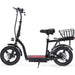 The black MotoTec Cruiser 48v 350w Lithium Electric Scooter, featuring a seat, a rear basket, and thick tires as seen from the side, is powered by a lithium battery.