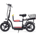 Black MotoTec Cruiser 48v 350w Lithium Electric Scooter with a padded seat, handlebar basket, rear cargo rack, and side seat featuring a colorful cushion.