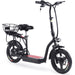 The MotoTec Cruiser 48v 350w Lithium Electric Scooter Black boasts a seat, a rear basket, and large wheels, depicted from an angle. Its lithium battery ensures extended rides for your convenience.