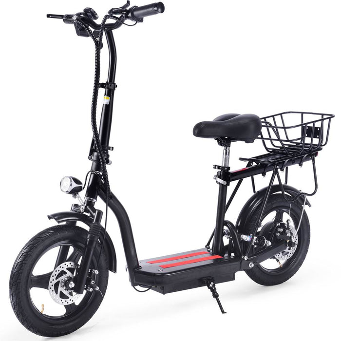 The MotoTec Cruiser 48v 350w Lithium Electric Scooter Black is a stylish black electric scooter featuring large wheels, a cushioned seat, and a rear cargo basket, all powered by a lithium battery.