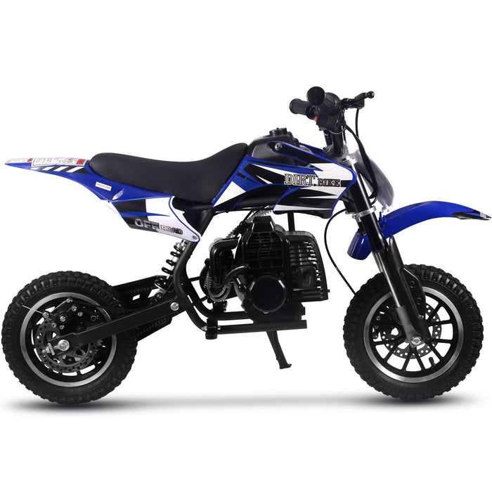 A side view of the MotoTec Alien 50cc 2-Stroke Kids Dirt Bike in blue and black, featuring chunky tires and a sleek design.