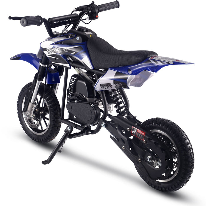 A rear-side angled view of the MotoTec Alien 50cc 2-Stroke Kids Dirt Bike, featuring a blue and black design with a convenient kickstand.