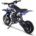 A rear-side angled view of the MotoTec Alien 50cc 2-Stroke Kids Dirt Bike, featuring a blue and black design with a convenient kickstand.