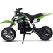 The MotoTec Alien 50cc 2-Stroke Kids Dirt Bike from MotoTec boasts a striking green and black design, equipped with knobby tires and a kickstand, making it ideal for off-road adventures.