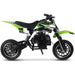 MotoTec Alien 50cc 2-Stroke Kids Dirt Bike in green with black accents and knobby tires, displayed in profile view.