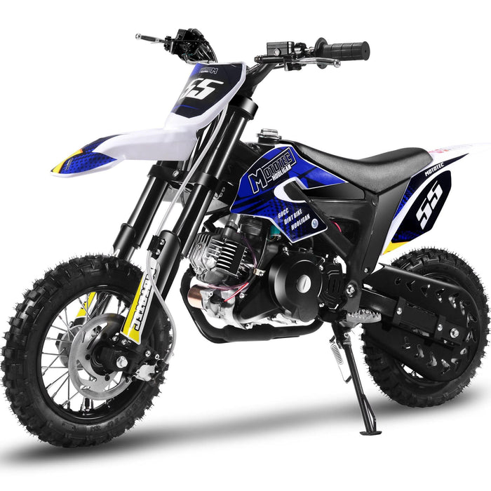 The MotoTec Hooligan 60cc 4-Stroke Gas Dirt Bike features knobby tires, blue and white bodywork, a black frame, and the number "55" on the front and sides. This kids' starter dirt bike from MotoTec is perfect for young riders looking to experience their first adventures on a 60cc engine.