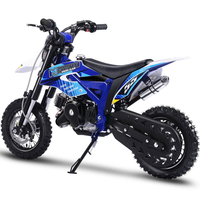 The MotoTec Hooligan 60cc 4-Stroke Gas Dirt Bike features a blue and white design with rugged tires and "M1" decals on the body, making it perfect for off-road use and an ideal starter dirt bike for kids.