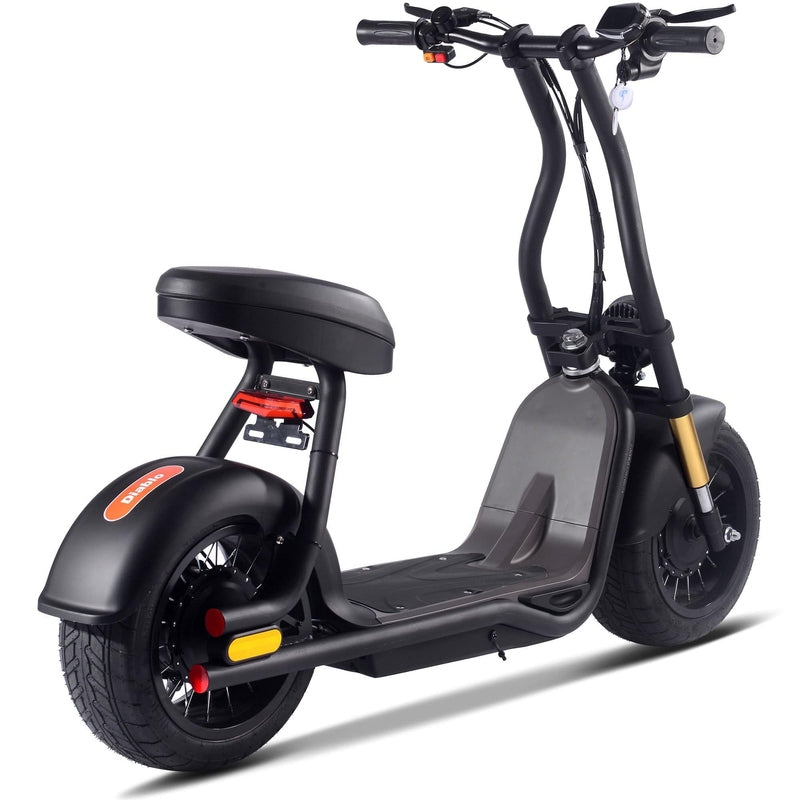 A side view of a MotoTec Diablo 48v 1000w Lithium Electric Scooter in black, complete with a seat, wide tires, and handlebars equipped with mirrors and controls.