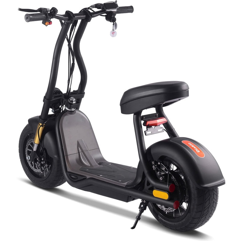 The MotoTec Diablo 48v 1000w Lithium Electric Scooter by MotoTec features a wide seat, large tires, and a sturdy frame. Viewed from an angle, the black electric scooter highlights its robust design.