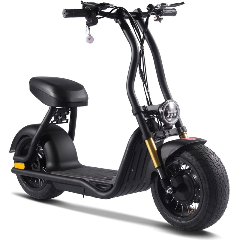 The MotoTec Diablo 48v 1000w Lithium Electric Scooter boasts a wide seat, thick tires, and a front headlight, displayed against a white background.