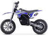 Side view of a blue and white MotoTec 24v 500w Gazella Electric Dirt Bike featuring knobby tires, a "250" number decal, and a powerful 24v 500w motor.