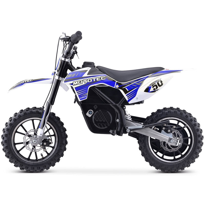 Side view of a blue and white MotoTec 24v 500w Gazella Electric Dirt Bike featuring knobby tires, a "250" number decal, and a powerful 24v 500w motor.