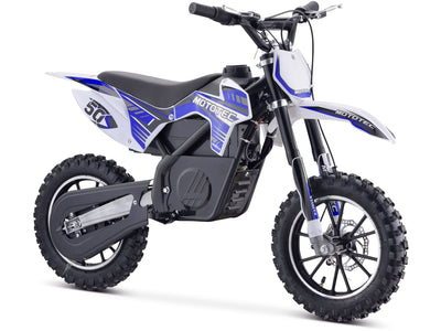 A MotoTec 24v 500w Gazella Electric Dirt Bike in white and blue, featuring thick, rugged tires and the "MotoTec" text on its body, powered by a robust 24v 500w motor.