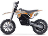 Side view of the MotoTec 24v 500w Gazella Electric Dirt Bike featuring a black and white design with orange accents, thick tires, and a number 50 decal on the side. Powered by a 24v 500w motor.