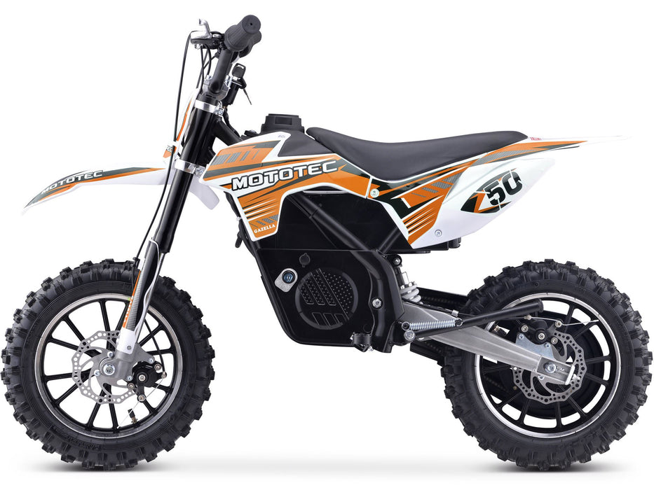 Side view of the MotoTec 24v 500w Gazella Electric Dirt Bike featuring a black and white design with orange accents, thick tires, and a number 50 decal on the side. Powered by a 24v 500w motor.