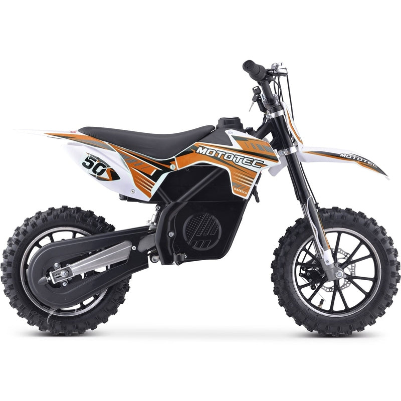 A side view of a MotoTec 24v 500w Gazella Electric Dirt Bike in orange and white with knobby tires on a white background.