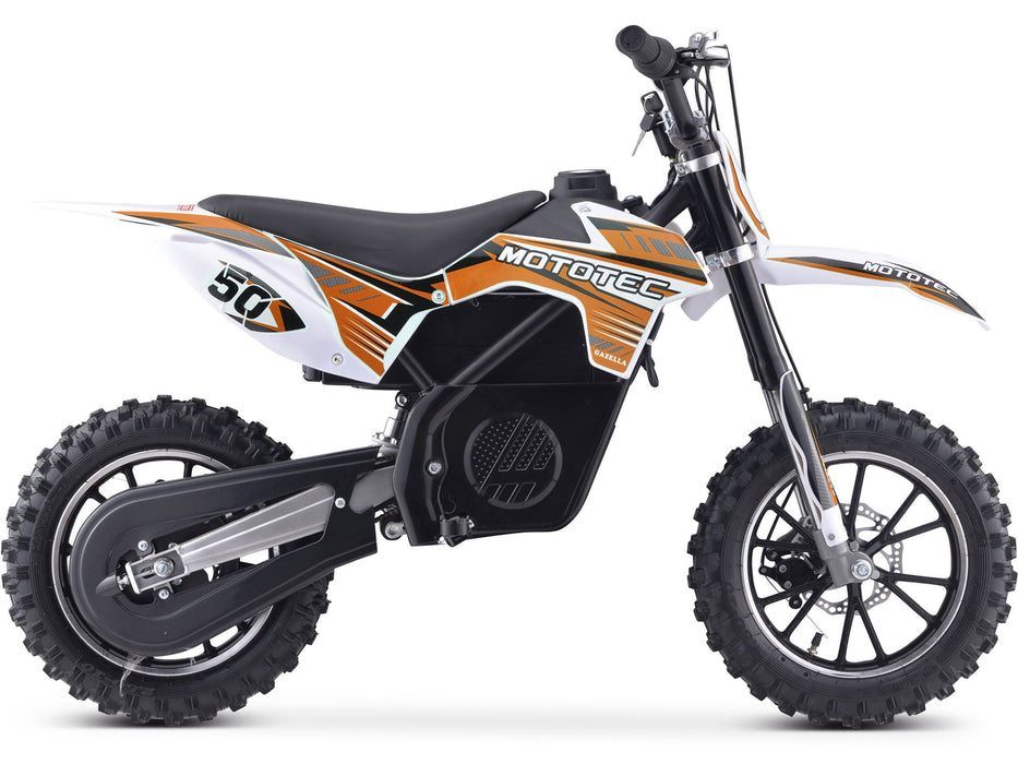 A side view of a MotoTec 24v 500w Gazella Electric Dirt Bike in orange and white with knobby tires on a white background.