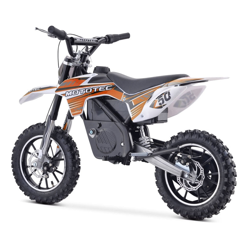 The MotoTec 24v 500w Gazella Electric Dirt Bike, a small off-road bike in orange and white with "MotoTec" branding on the side, features a powerful 24v 500w motor.
