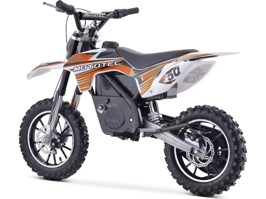 The MotoTec 24v 500w Gazella Electric Dirt Bike, a small off-road bike in orange and white with "MotoTec" branding on the side, features a powerful 24v 500w motor.