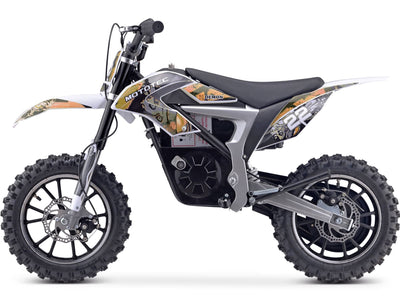 The MotoTec 36v 500w Demon Electric Dirt Bike Lithium is a black and white off-road electric dirt bike featuring rugged tires.