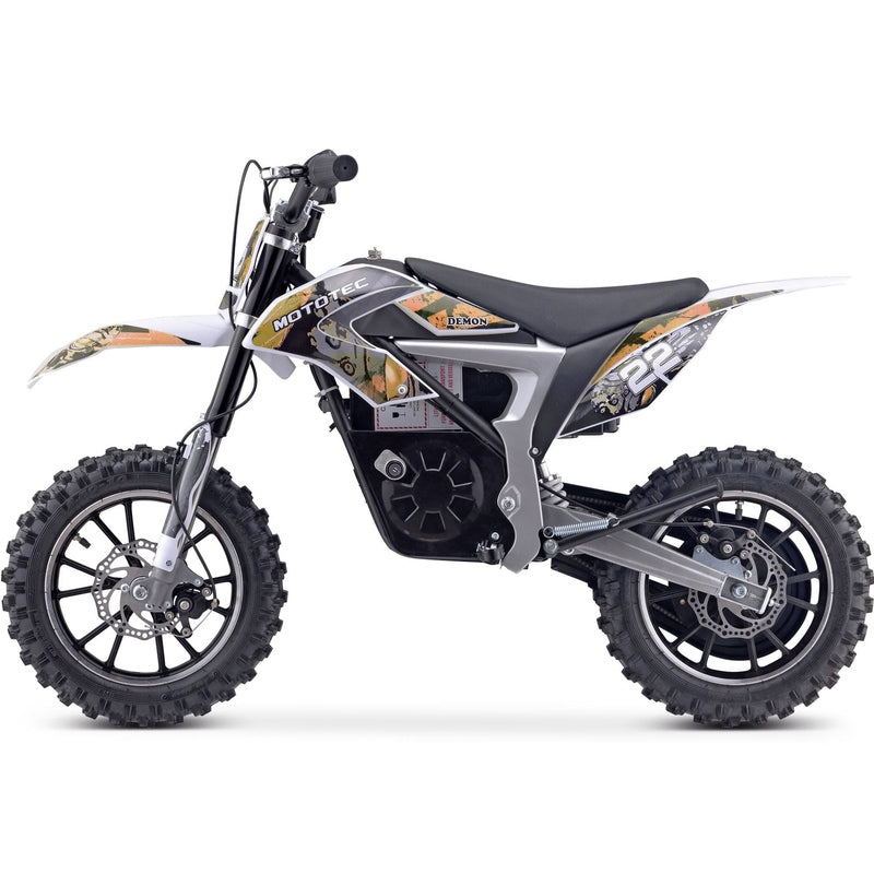 The MotoTec 36v 500w Demon Electric Dirt Bike Lithium is a black and white off-road electric dirt bike featuring rugged tires.
