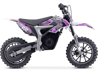 MotoTec 36v 500w Demon Electric Dirt Bike Lithium featuring black tires, a white and purple frame, and a black seat, viewed from the side.