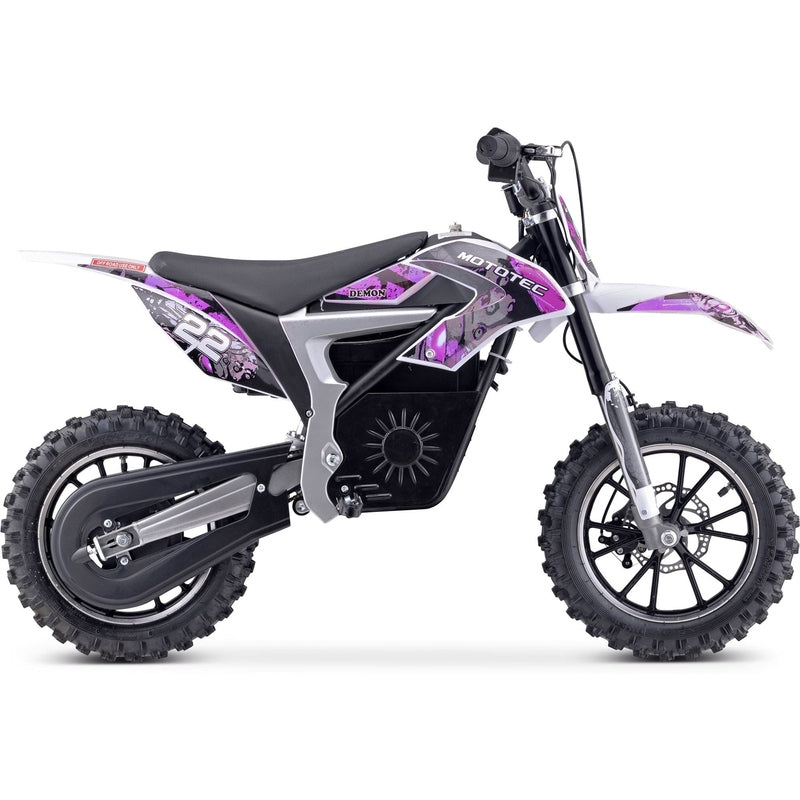 MotoTec 36v 500w Demon Electric Dirt Bike Lithium featuring black tires, a white and purple frame, and a black seat, viewed from the side.
