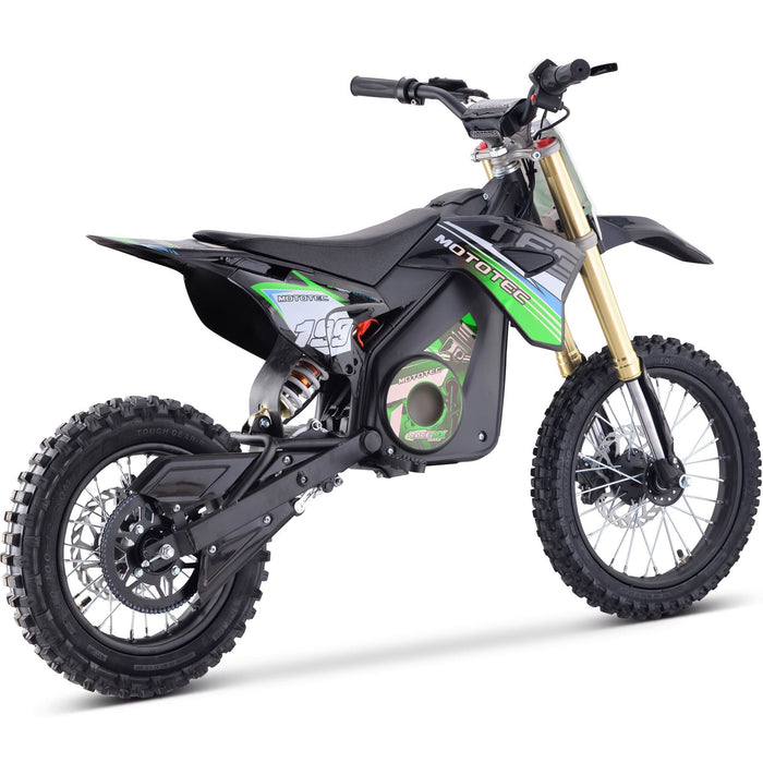 The green and black MotoTec 48v Pro Electric Dirt Bike 1600w Lithium features knobby tires and "MotoTec" branding on the body.