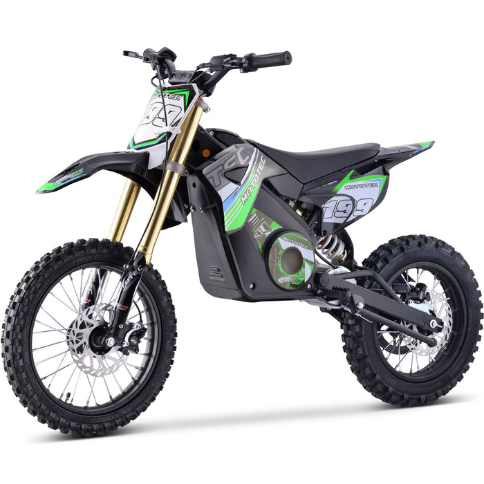 A green and black MotoTec 48v Pro Electric Dirt Bike 1600w Lithium with the number 199 displayed on its side.